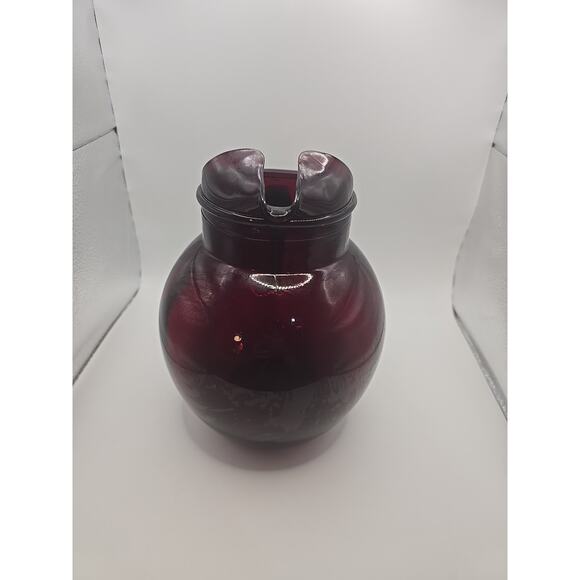 Vintage MCM Anchor Hocking Royal Ruby Red Glass Large Ball Ice Lip Pitcher 3 qts - Picture 2 of 3